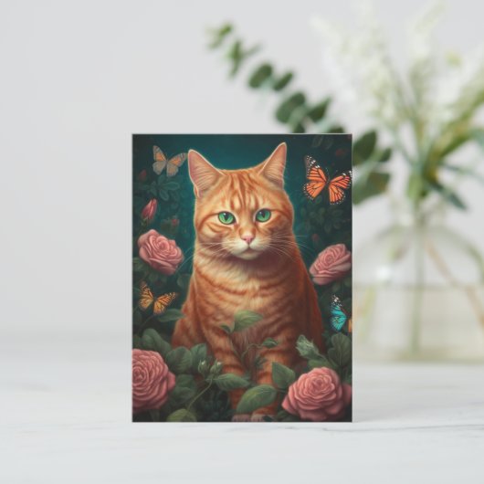 Mooie gemberkat met roze rozen Briefkaart (Staand voorkant)