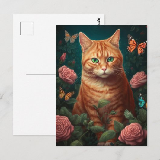 Mooie gemberkat met roze rozen Briefkaart (Voorkant / Achterkant)