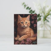 Mooie gemberkitten met roze bloemen briefkaart (Staand voorkant)