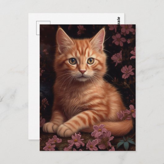 Mooie gemberkitten met roze bloemen briefkaart (Voorkant / Achterkant)