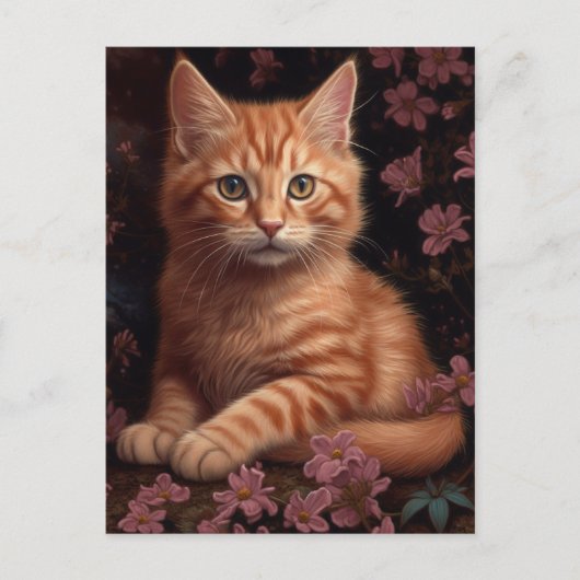Mooie gemberkitten met roze bloemen briefkaart (Voorkant)