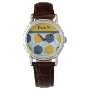 Mooie gepersonaliseerde blauwe gele polka stip hor horloge