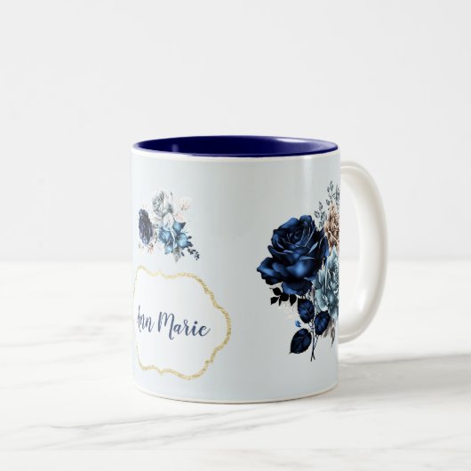Mooie gepersonaliseerde blauwe roos koffie thee mo tweekleurige koffiemok (Voorkant rechts)