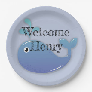 Mooie gepersonaliseerde blauwe walvis babyshower papieren bordje