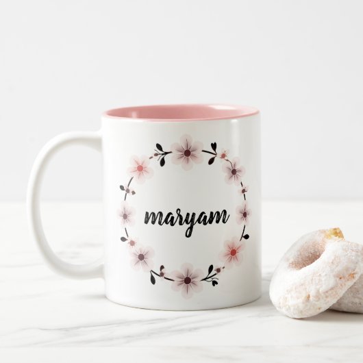 Mooie gepersonaliseerde naam mok aangepaste bloeme (Met donut)