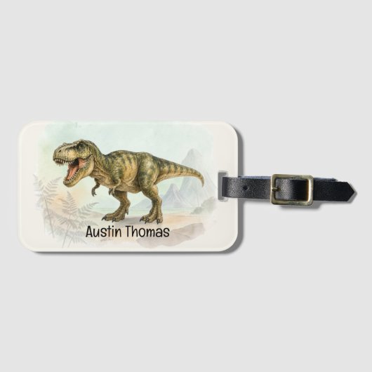 Mooie gepersonaliseerde T-Rex bagagelabel met naam (Voorkant (horizontaal))