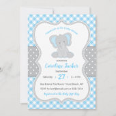 Mooie geruite blauwgrijze olifant baby shower kaart (Voorkant)