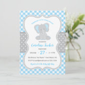 Mooie geruite blauwgrijze olifant baby shower kaart (Staand voorkant)