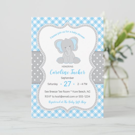 Mooie geruite blauwgrijze olifant baby shower kaart (Staand voorkant)
