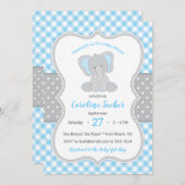 Mooie geruite blauwgrijze olifant baby shower kaart (Voorkant / Achterkant)
