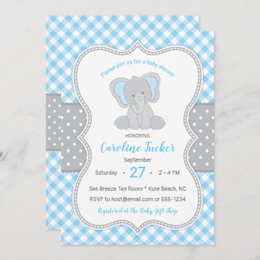 Mooie geruite blauwgrijze olifant baby shower kaart (Voorkant / Achterkant)