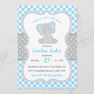 Mooie geruite blauwgrijze olifant baby shower kaart