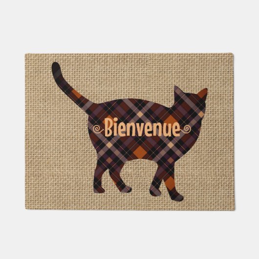 Mooie geruite kat - Bienvenue -burlap look Deurmat (Voorkant)