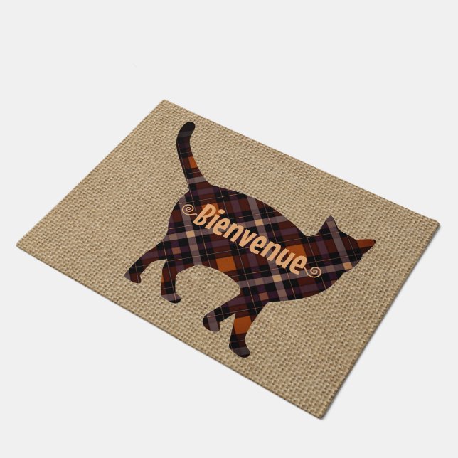 Mooie geruite kat - Bienvenue -burlap look Deurmat (Schuin)