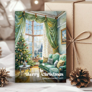 Mooie geschilderde kerstscene met feestelijke gloe feestdagenkaart