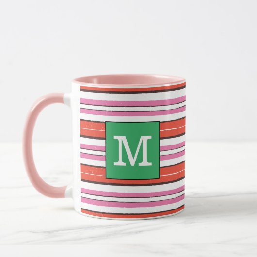 Mooie gestreepte print Monogram l Roze l Groen Mok (Links)