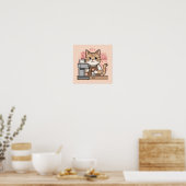 Mooie gezellige cartoon barista kat poster (Keuken)