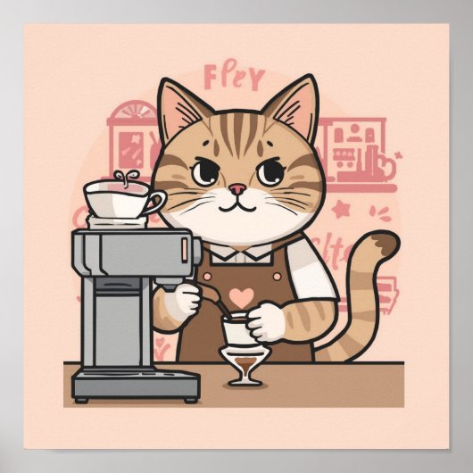 Mooie gezellige cartoon barista kat poster (Voorkant)