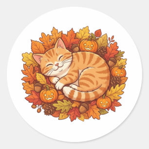 Mooie Gezellige Herfst Sfeer Kat Herfst Pompoenen  Ronde Sticker