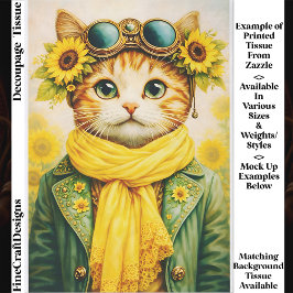 Mooie Ginger Sunflower Steampunk Kat FE6 Decoupage Tissuepapier