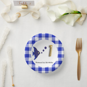 Mooie Gingham, Blauwe Vis & Ballon 1e Verjaardag Papieren Kommen
