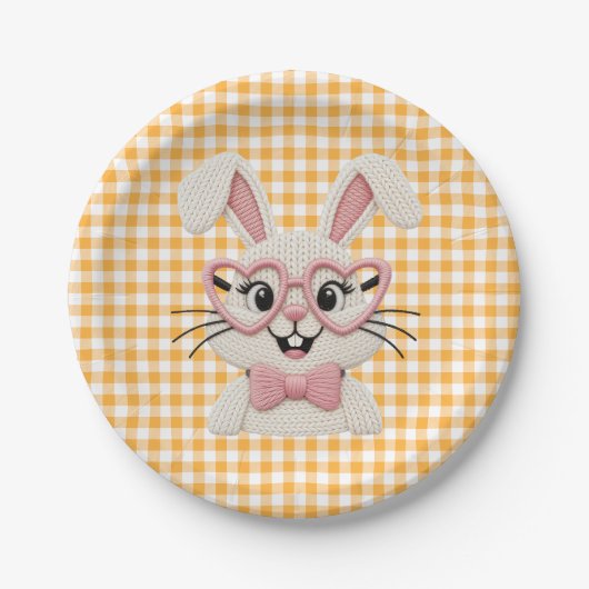 Mooie Gingham Konijn Roze Hart Bril Papieren Bordje (Voorkant)