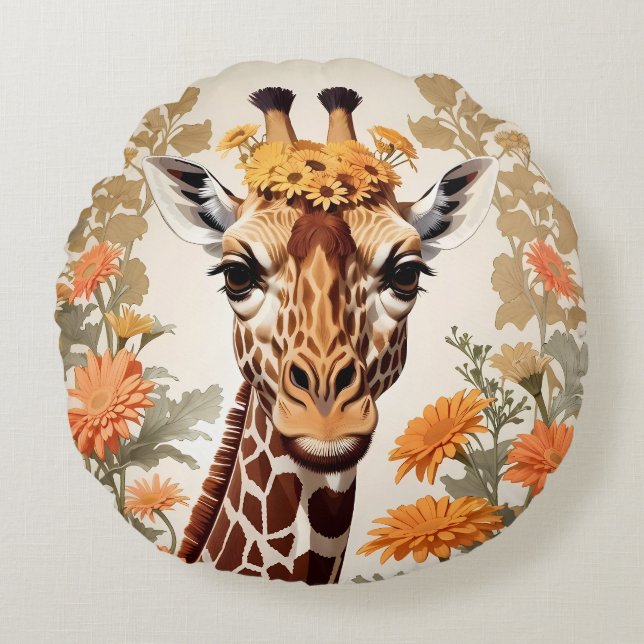 Mooie Giraffe en Gerbera Daisy Flowers Rond Kussen (Voorkant)