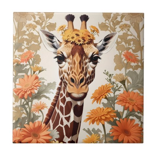 Mooie Giraffe en Gerbera Daisy Flowers Tegeltje (Voorkant)