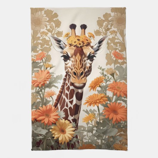 Mooie Giraffe en Gerbera Daisy Flowers Theedoek (Verticaal)