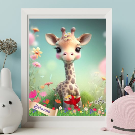 Mooie giraffe in tuin gepersonaliseerde kunst kind poster