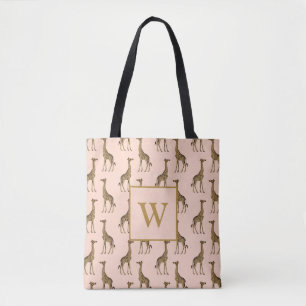 Mooie Giraffes Monogram Initiaal Roze Tote Bag