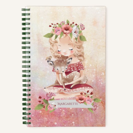 Mooie Girl Deer Lovely Floral Illustration Notitieboek (Voorkant)