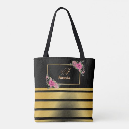 Mooie glanzende gouden strepen meisjesnaam monogra tote bag (Achterkant)