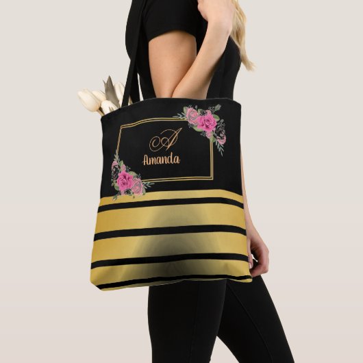 Mooie glanzende gouden strepen meisjesnaam monogra tote bag (Dichtbij)