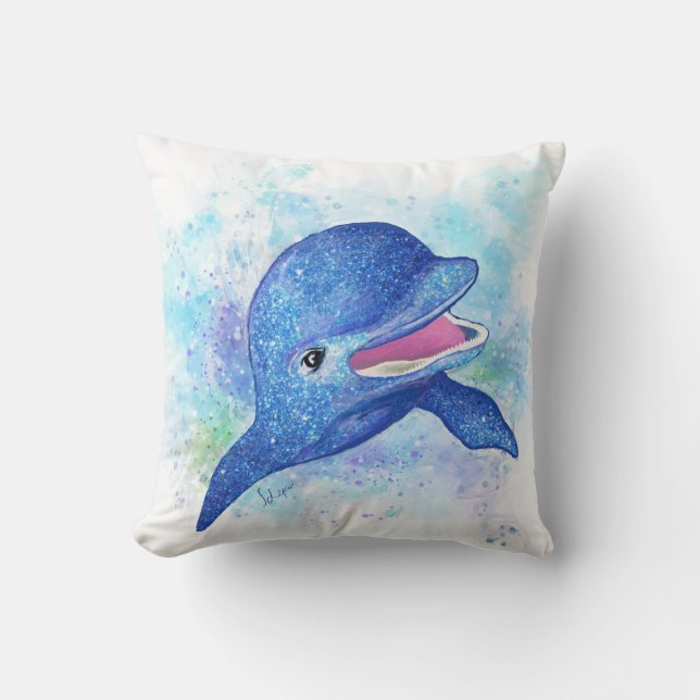 Mooie glinsterende blauwe dolfijn kussen (Voorkant)