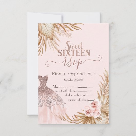 Mooie Glitter Jurk,Pampas, Roze Sweet 16 RSVP Kaart (Voorkant)