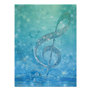 Mooie Glittery Blue Music Note Treble Clef Perfect Poster
