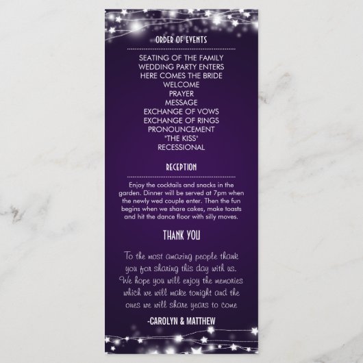 Mooie gloeiende sterren Paarse bruiloft programma Programmakaart (Achterkant)