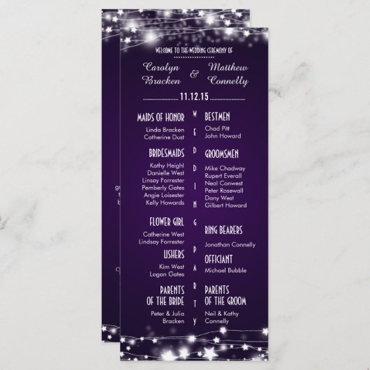 Mooie gloeiende sterren Paarse bruiloft programma Programmakaart (Voorkant / Achterkant)