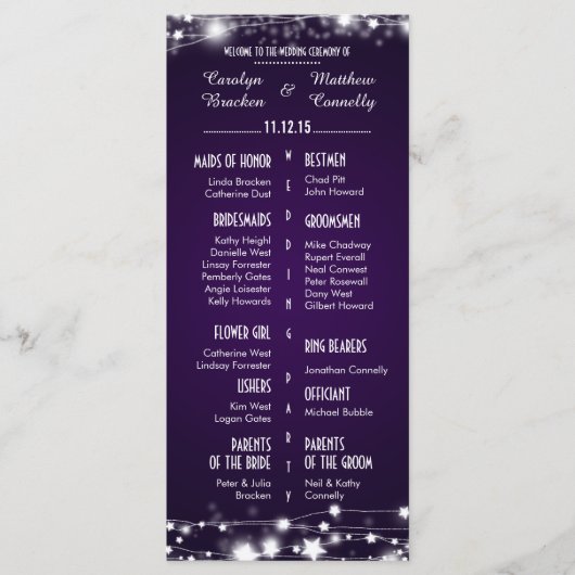 Mooie gloeiende sterren Paarse bruiloft programma Programmakaart (Voorkant)