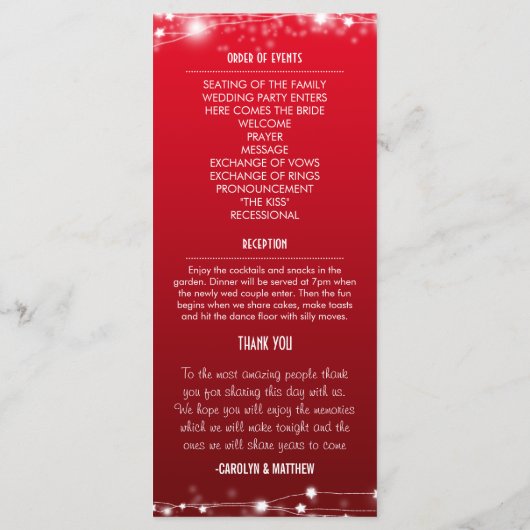 Mooie gloeiende sterren rode bruiloft programma programmakaart (Achterkant)