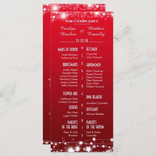 Mooie gloeiende sterren rode bruiloft programma programmakaart (Voorkant / Achterkant)