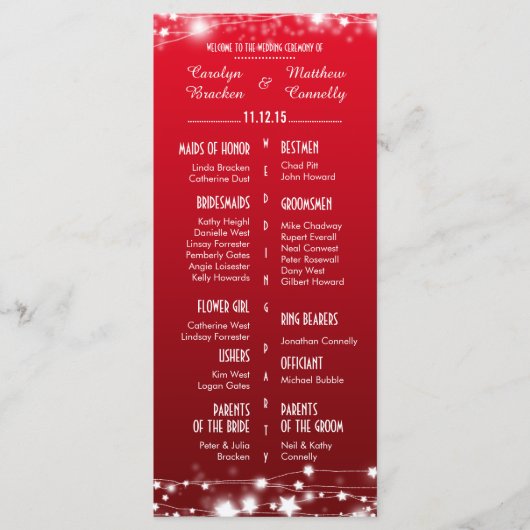 Mooie gloeiende sterren rode bruiloft programma programmakaart (Voorkant)