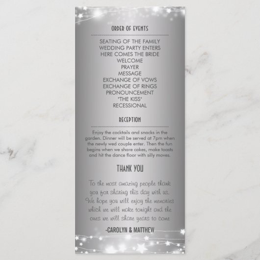 Mooie gloeiende sterren zilveren bruiloft programm programmakaart (Achterkant)