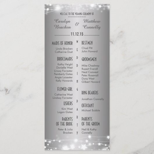 Mooie gloeiende sterren zilveren bruiloft programm programmakaart (Voorkant)