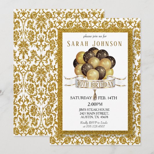 Mooie Gold Glitter Damask Birthday Kaart (Voorkant / Achterkant)