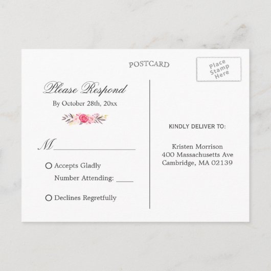 Mooie Gold Glitter Floral RSVP-respons Uitnodiging Briefkaart (Achterkant)