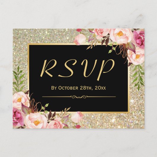 Mooie Gold Glitter Floral RSVP-respons Uitnodiging Briefkaart (Voorkant)