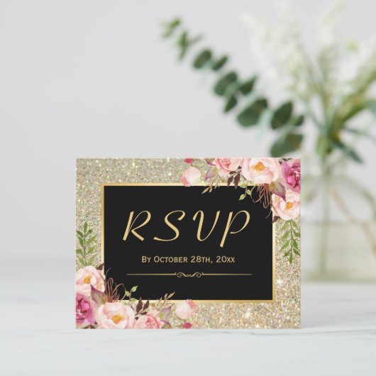 Mooie Gold Glitter Floral RSVP-respons Uitnodiging Briefkaart (Staand voorkant)