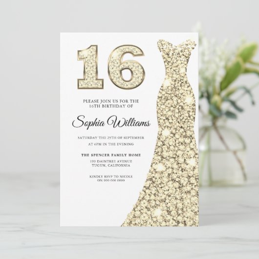 Mooie Golden Dress 16th Birthday Sweet 16 Kaart (Staand voorkant)